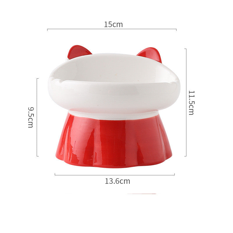 KFX-3054397 High-Footed Ceramic Cat Bowl with Neck Guard - Red Fire Cat Design, 200ml Capacity