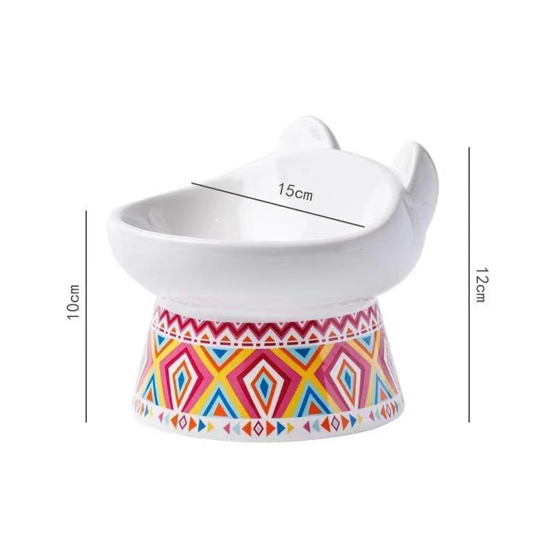 KFX-3054397 High-Footed Ceramic Cat Bowl with Neck Guard - Red Fire Cat Design, 200ml Capacity