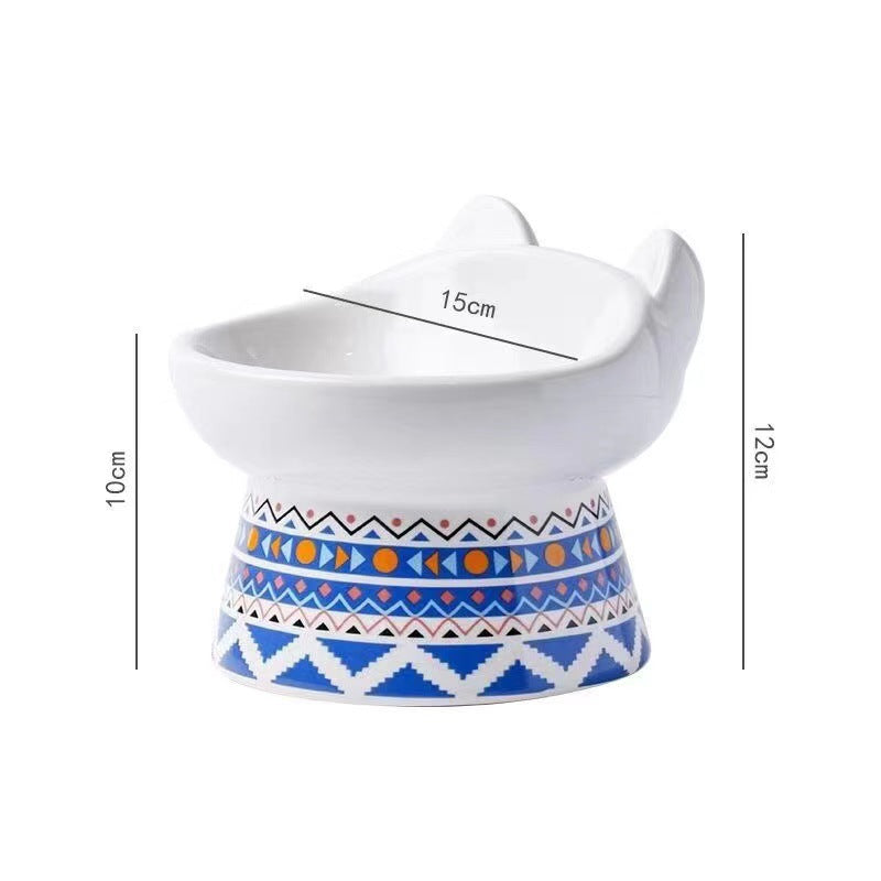 KFX-3054397 High-Footed Ceramic Cat Bowl with Neck Guard - Red Fire Cat Design, 200ml Capacity