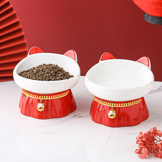 KFX-3054397 High-Footed Ceramic Cat Bowl with Neck Guard - Red Fire Cat Design, 200ml Capacity