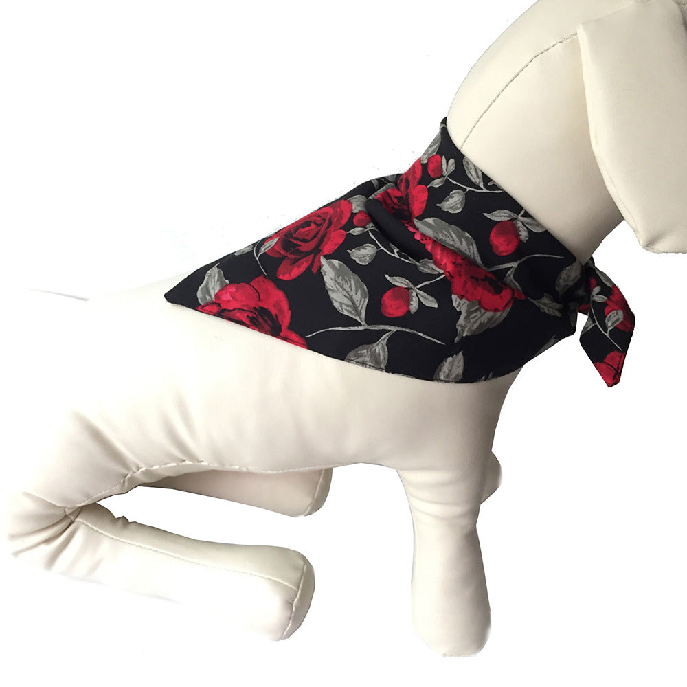 KFX-3055805 Red Rose Floral Cotton Pet Scarf Collar with Bow Tie, Plaid Turban – Adjustable 25-48CM for All Seasons