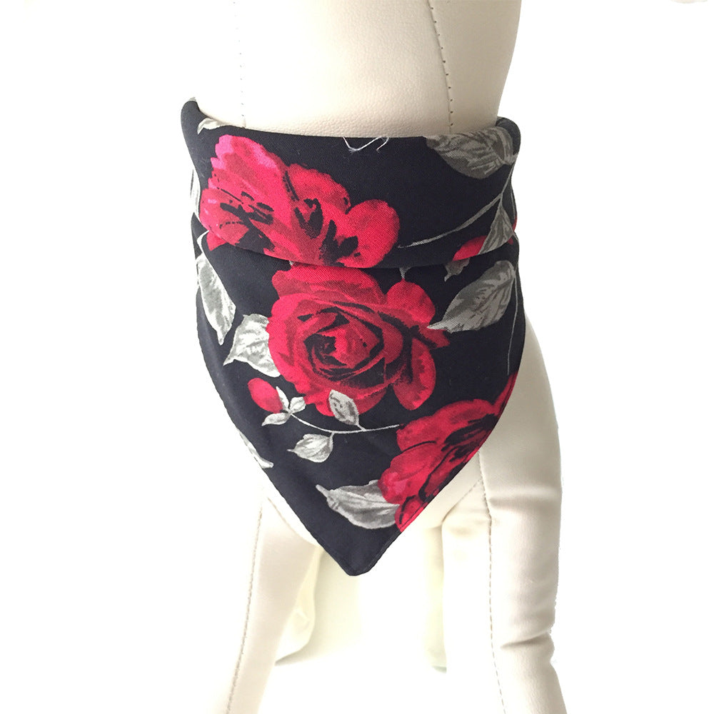 KFX-3055805 Red Rose Floral Cotton Pet Scarf Collar with Bow Tie, Plaid Turban – Adjustable 25-48CM for All Seasons