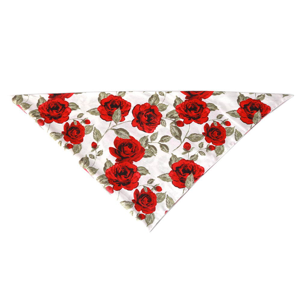 KFX-3055805 Red Rose Floral Cotton Pet Scarf Collar with Bow Tie, Plaid Turban – Adjustable 25-48CM for All Seasons