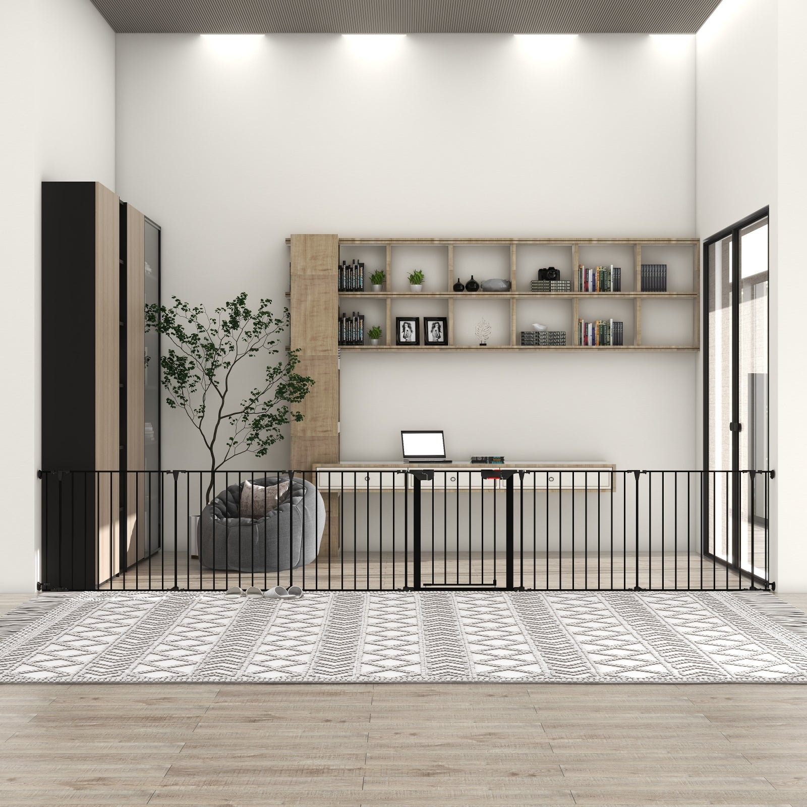 KFX-3062333 Adjustable 150-Inch Metal Safety Gate with Walk-Through Door for Pets, Kids, and Fireplaces