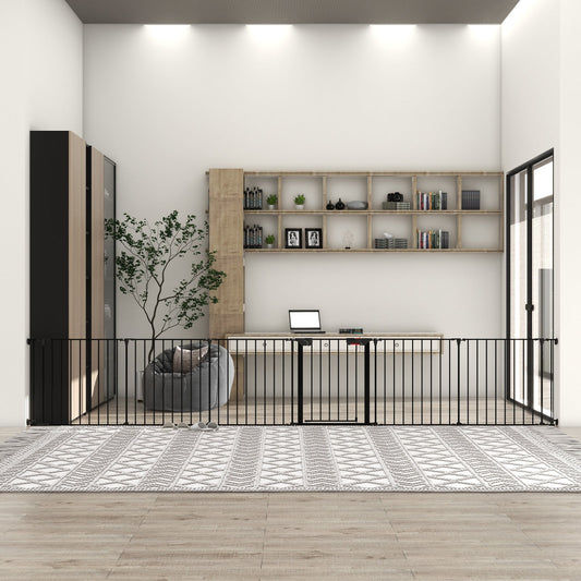 KFX-3062333 Adjustable 150-Inch Metal Safety Gate with Walk-Through Door for Pets, Kids, and Fireplaces