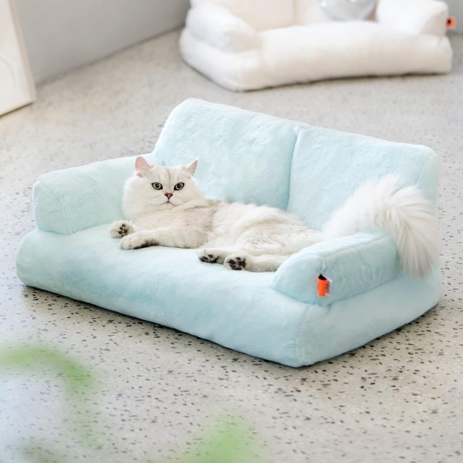KFX-3062589 Cozy Washable Plush Cat Bed with Non-Slip Bottom, 26x19x13 Inch Pet Couch for Small Dogs and Cats, Blue