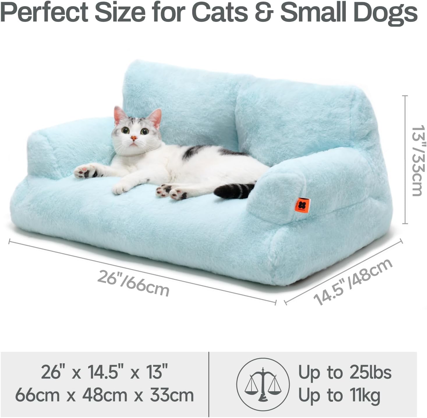 KFX-3062589 Cozy Washable Plush Cat Bed with Non-Slip Bottom, 26x19x13 Inch Pet Couch for Small Dogs and Cats, Blue