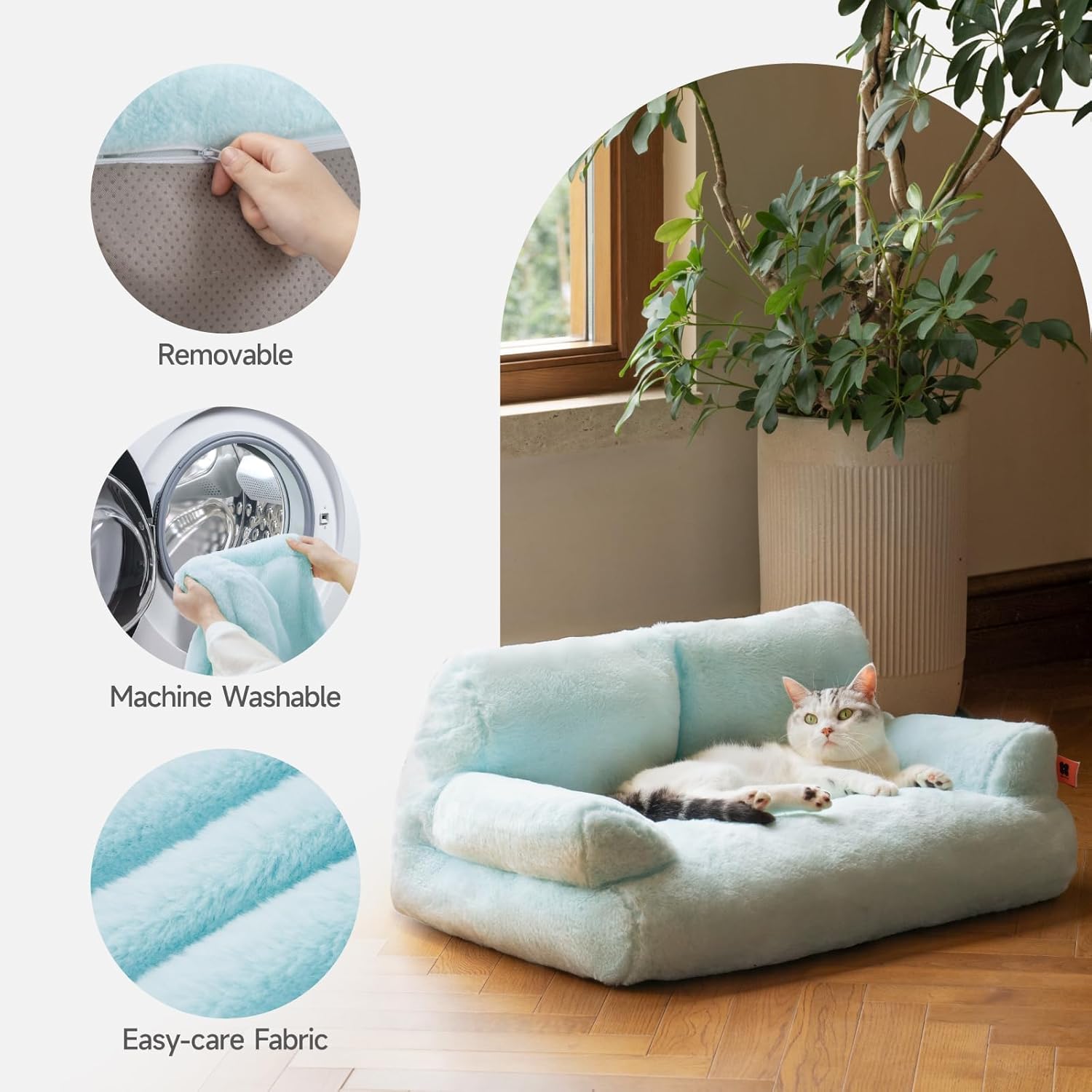 KFX-3062589 Cozy Washable Plush Cat Bed with Non-Slip Bottom, 26x19x13 Inch Pet Couch for Small Dogs and Cats, Blue