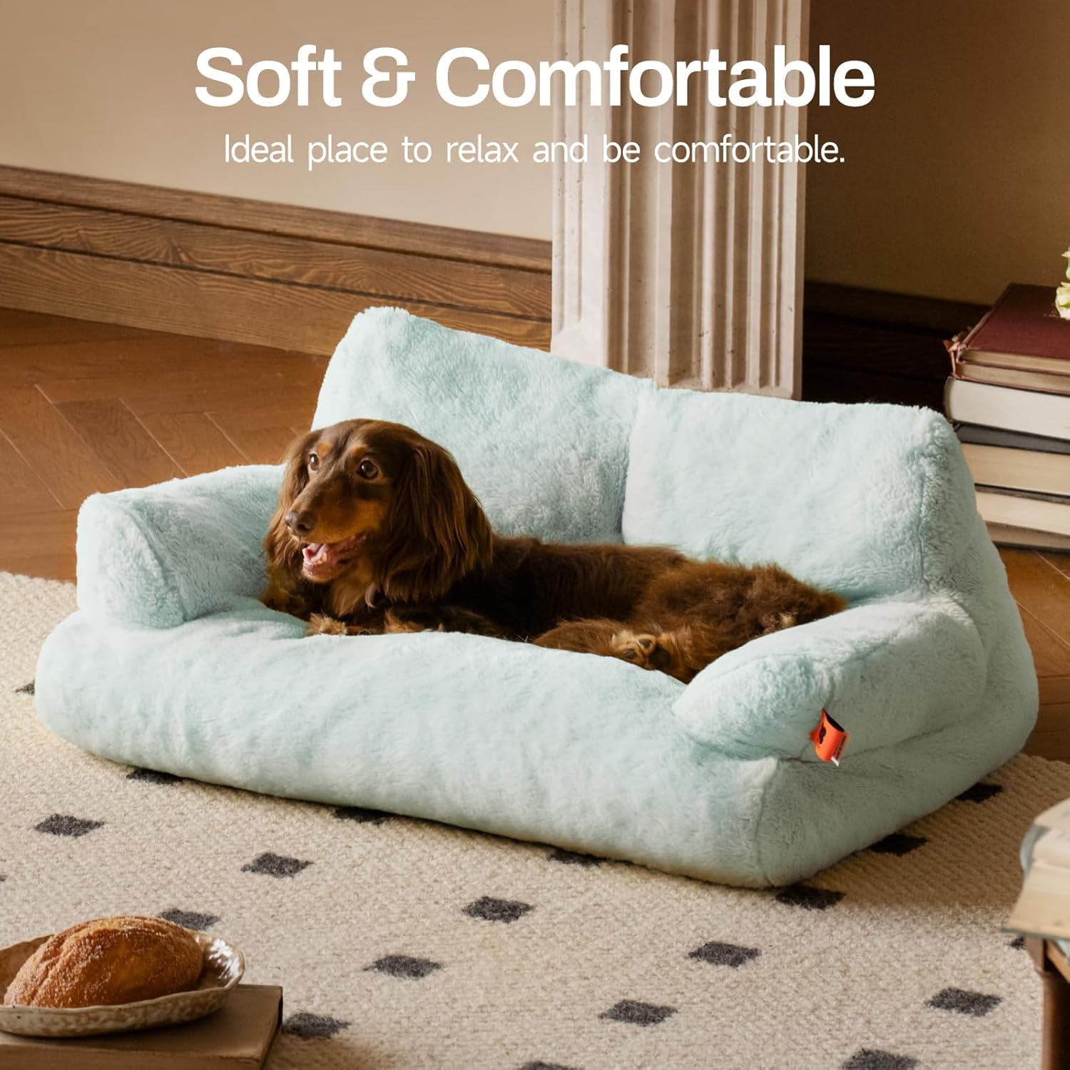 KFX-3062589 Cozy Washable Plush Cat Bed with Non-Slip Bottom, 26x19x13 Inch Pet Couch for Small Dogs and Cats, Blue