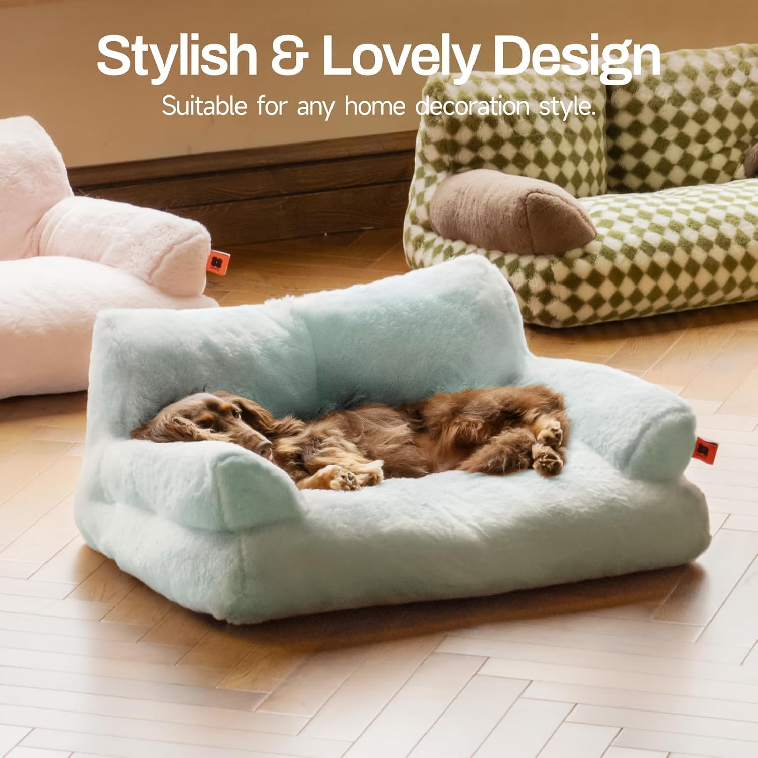 KFX-3062589 Cozy Washable Plush Cat Bed with Non-Slip Bottom, 26x19x13 Inch Pet Couch for Small Dogs and Cats, Blue