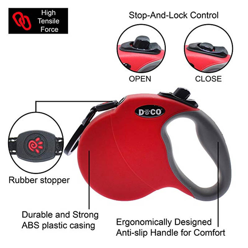 KFX-3063741 Automatic Retractable Dog Leash - Durable Nylon, Scalable Lengths of 4m (S) and 5m (L) in Blue, Black, and Red