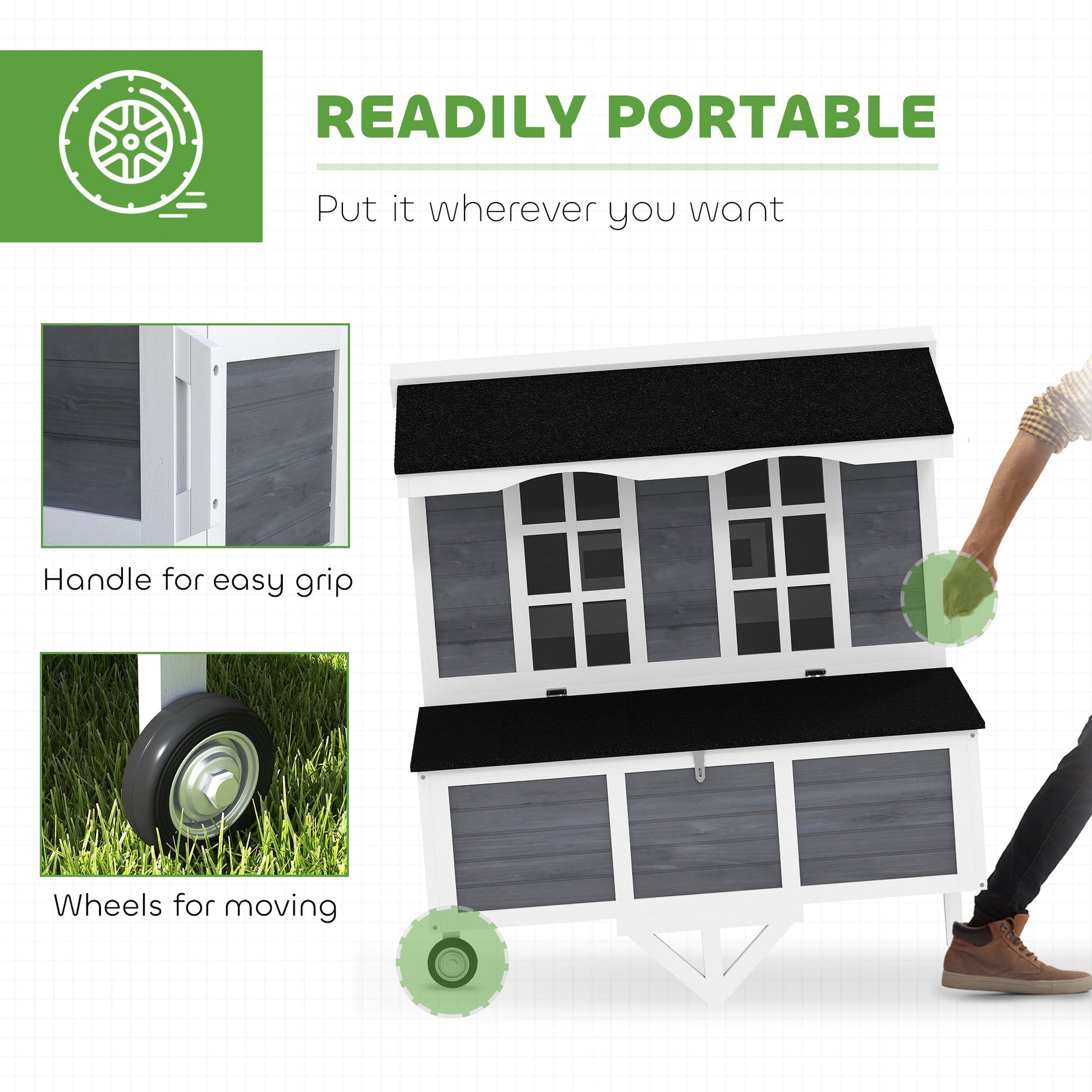 KFX-3067581 Portable Chicken Coop with Wheels - Spacious Design for 2-4 Chickens, Easy Mobility and Secure Nesting Box