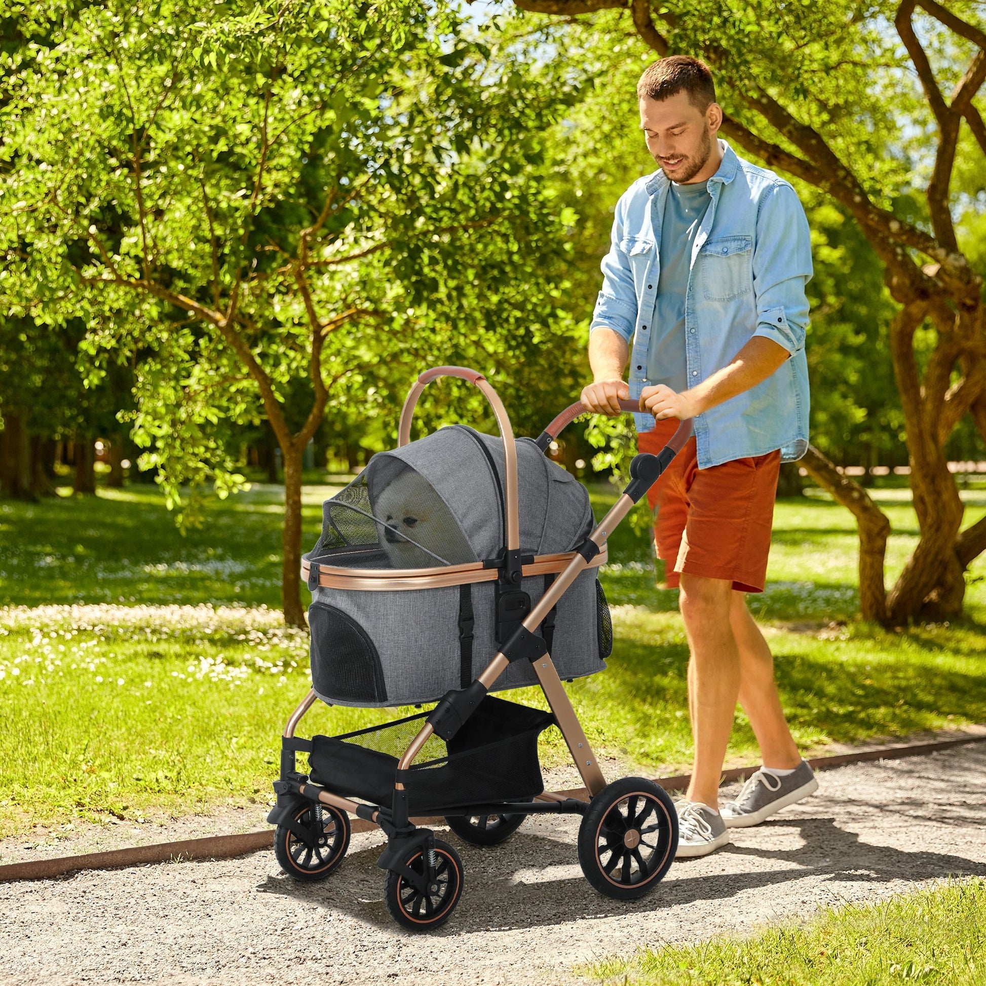 KFX-3068733 Lightweight 3-in-1 Pet Stroller for Small Dogs, Detachable Cabin, Easy-Fold Design, Gray