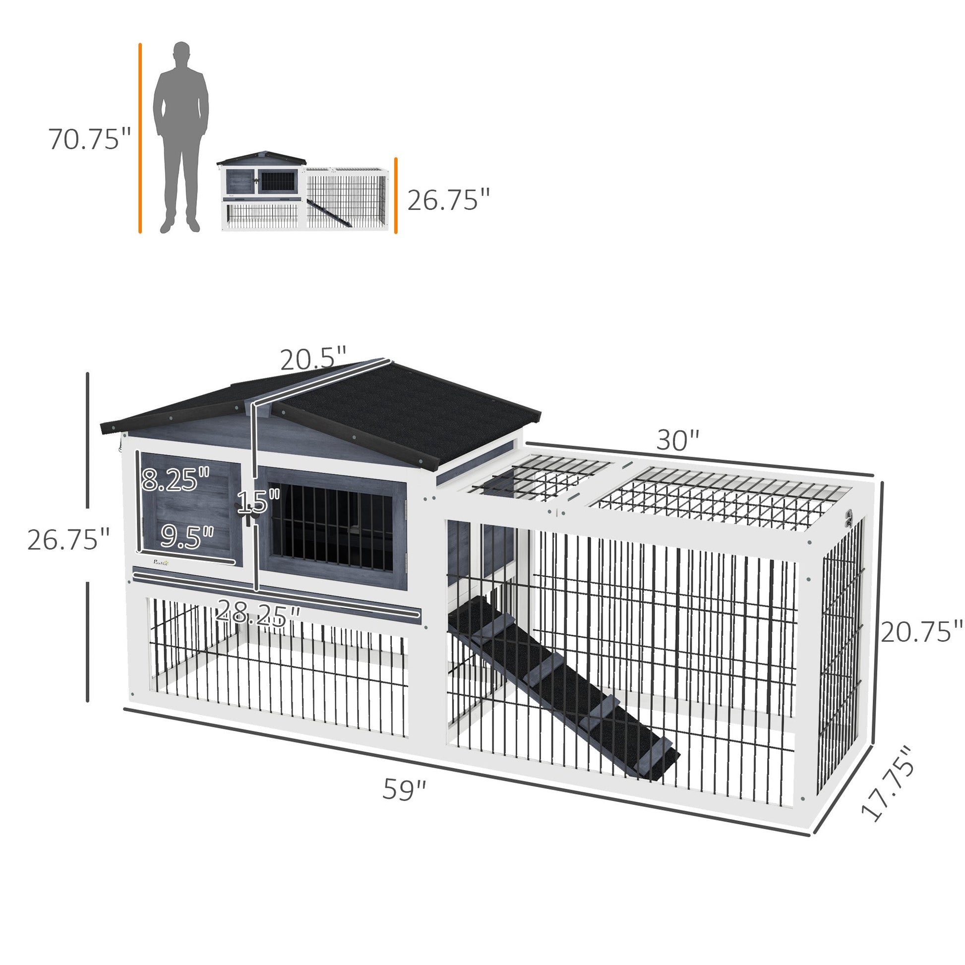 KFX-3073341 Two-Level Outdoor Rabbit Hutch with Openable Top - Dark Gray, Fir Wood Construction, Ideal for Small Animals