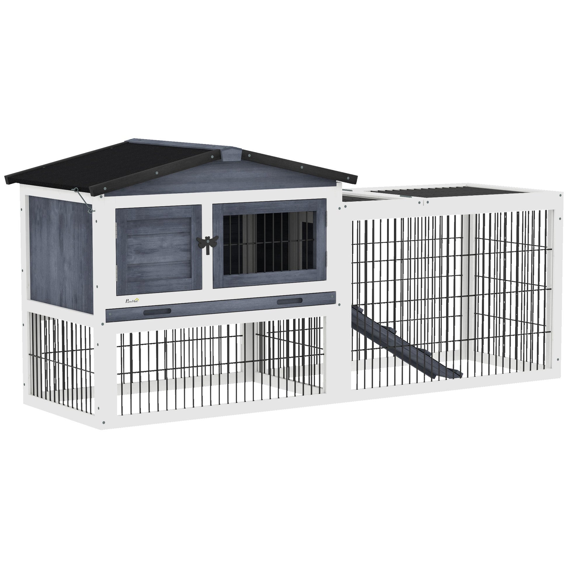 KFX-3073341 Two-Level Outdoor Rabbit Hutch with Openable Top - Dark Gray, Fir Wood Construction, Ideal for Small Animals