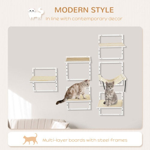 KFX-3075645 Modern Cat Wall Shelves Set with Soft Hammock and Height Adjustable Jumping Platforms