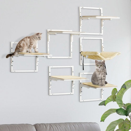 KFX-3075645 Modern Cat Wall Shelves Set with Soft Hammock and Height Adjustable Jumping Platforms