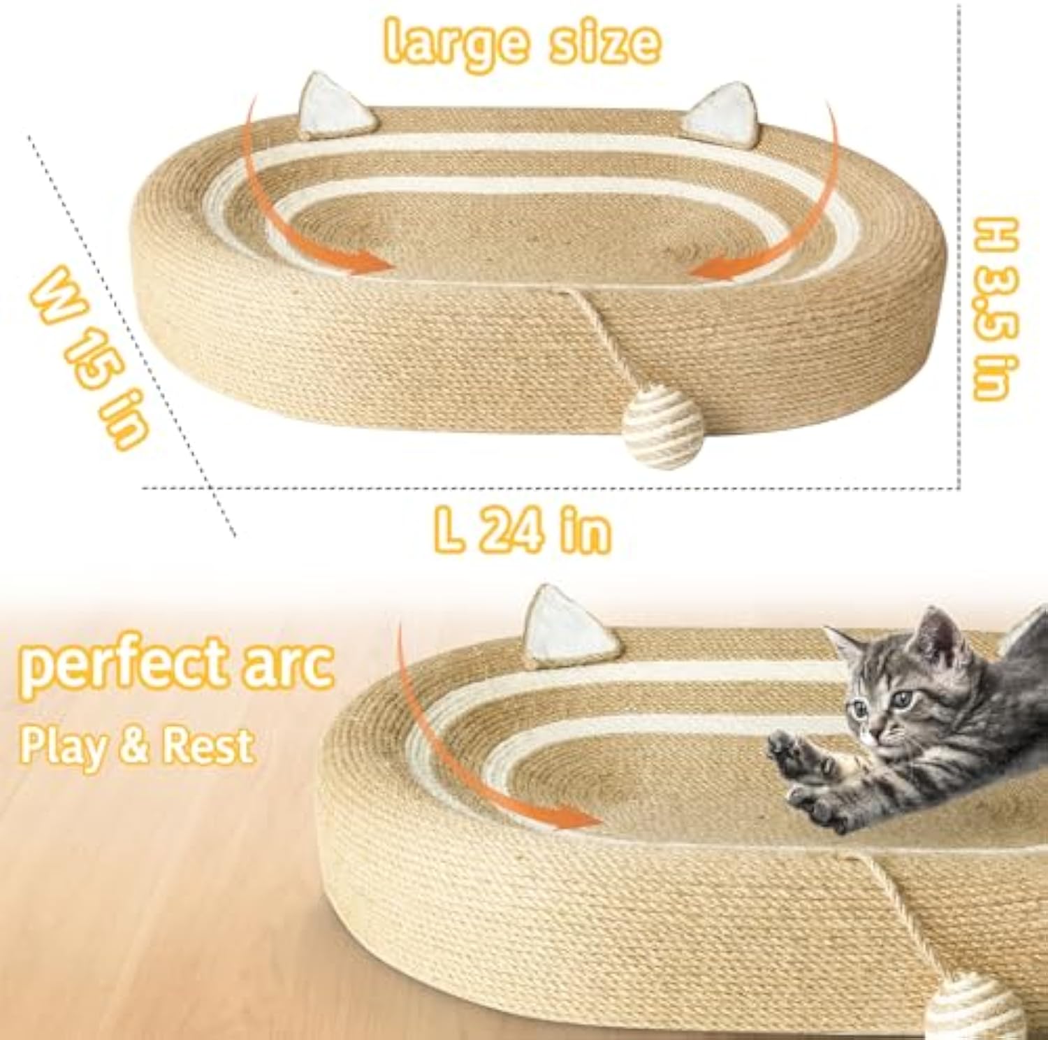 KFX-3076925 3-in-1 Sisal Cat Scratcher Bed with Non-Slip Base for Indoor Cats, Supports Healthy Scratching and Rest