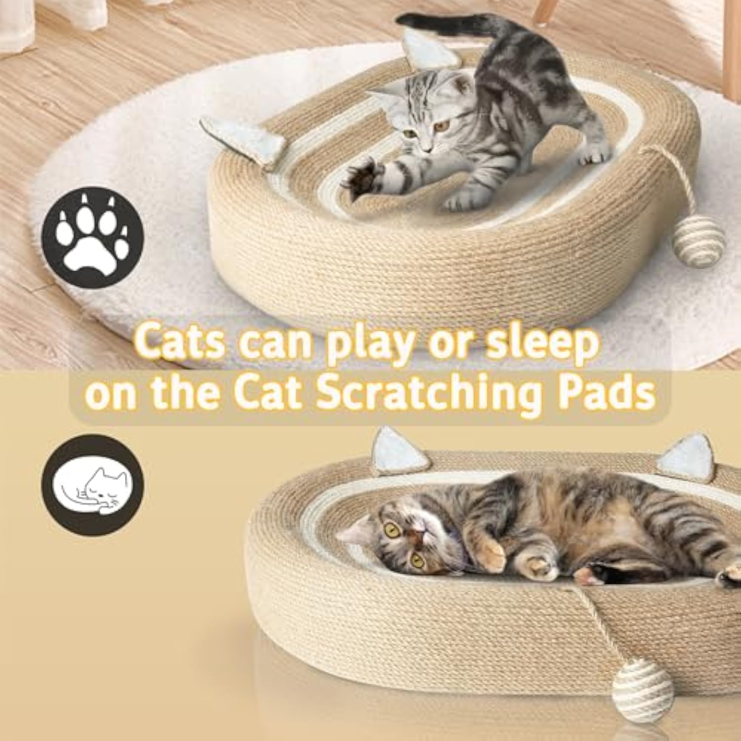 KFX-3076925 3-in-1 Sisal Cat Scratcher Bed with Non-Slip Base for Indoor Cats, Supports Healthy Scratching and Rest