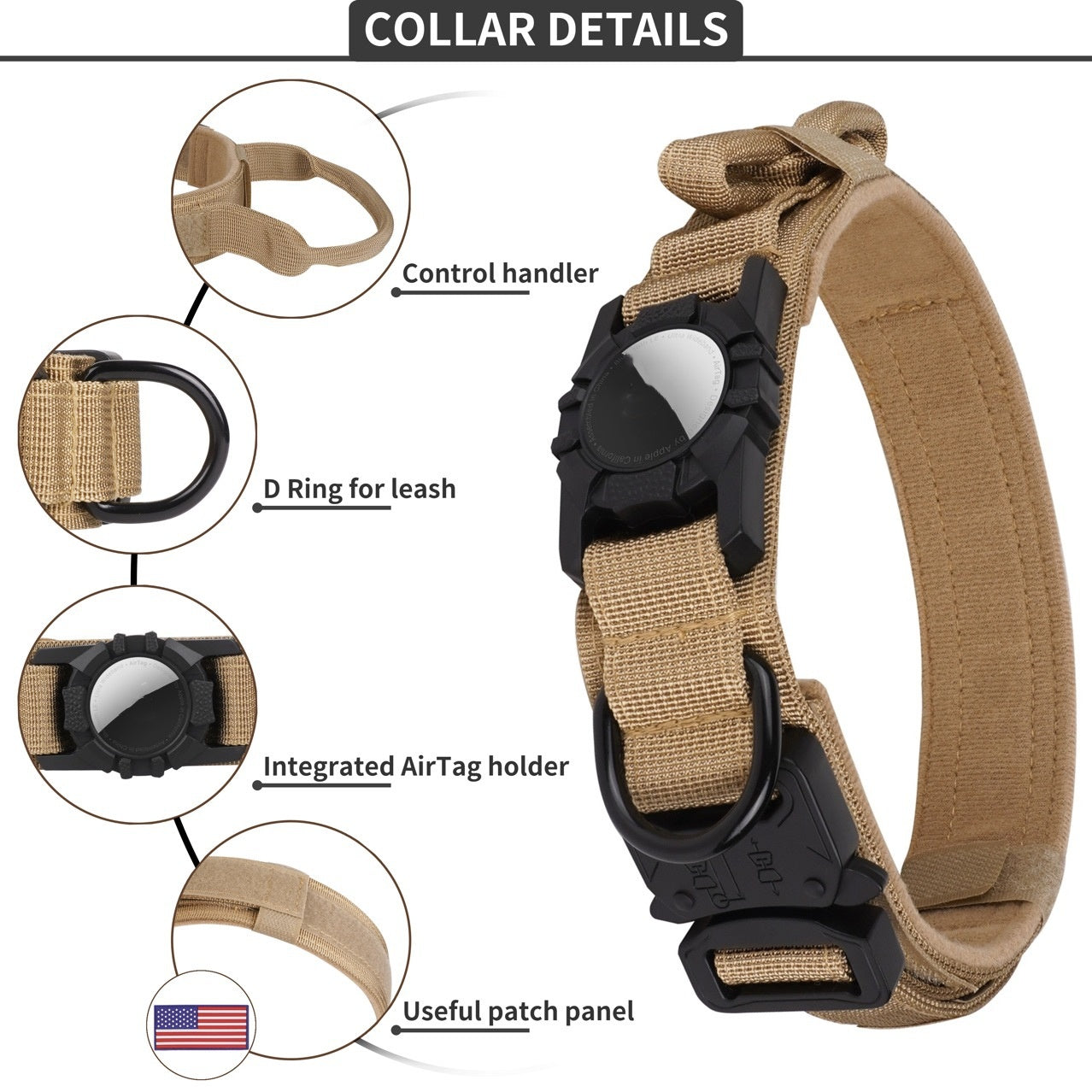 KFX-3083197 Waterproof Dog Collar with Airtag Protective Cover in Monochrome Black or Camel