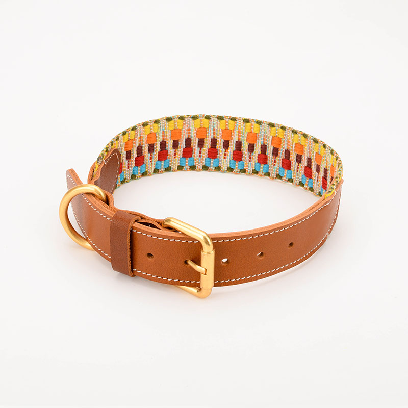 KFX-3090749 Woven Cowhide Dog Collar with Traction Rope for Medium to Large Dogs
