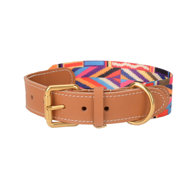 KFX-3090749 Woven Cowhide Dog Collar with Traction Rope for Medium to Large Dogs