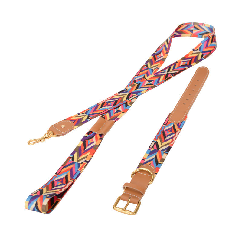 KFX-3090749 Woven Cowhide Dog Collar with Traction Rope for Medium to Large Dogs