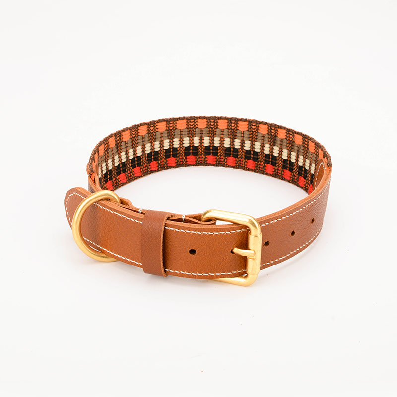 KFX-3090749 Woven Cowhide Dog Collar with Traction Rope for Medium to Large Dogs