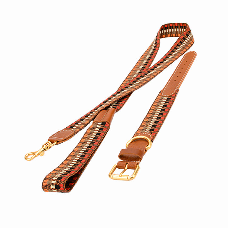 KFX-3090749 Woven Cowhide Dog Collar with Traction Rope for Medium to Large Dogs