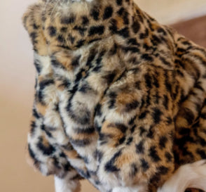 KFX-3091517 Fluffy Leopard Print Cat Coat - Short Plush Fur Clothing for Hairless Cats