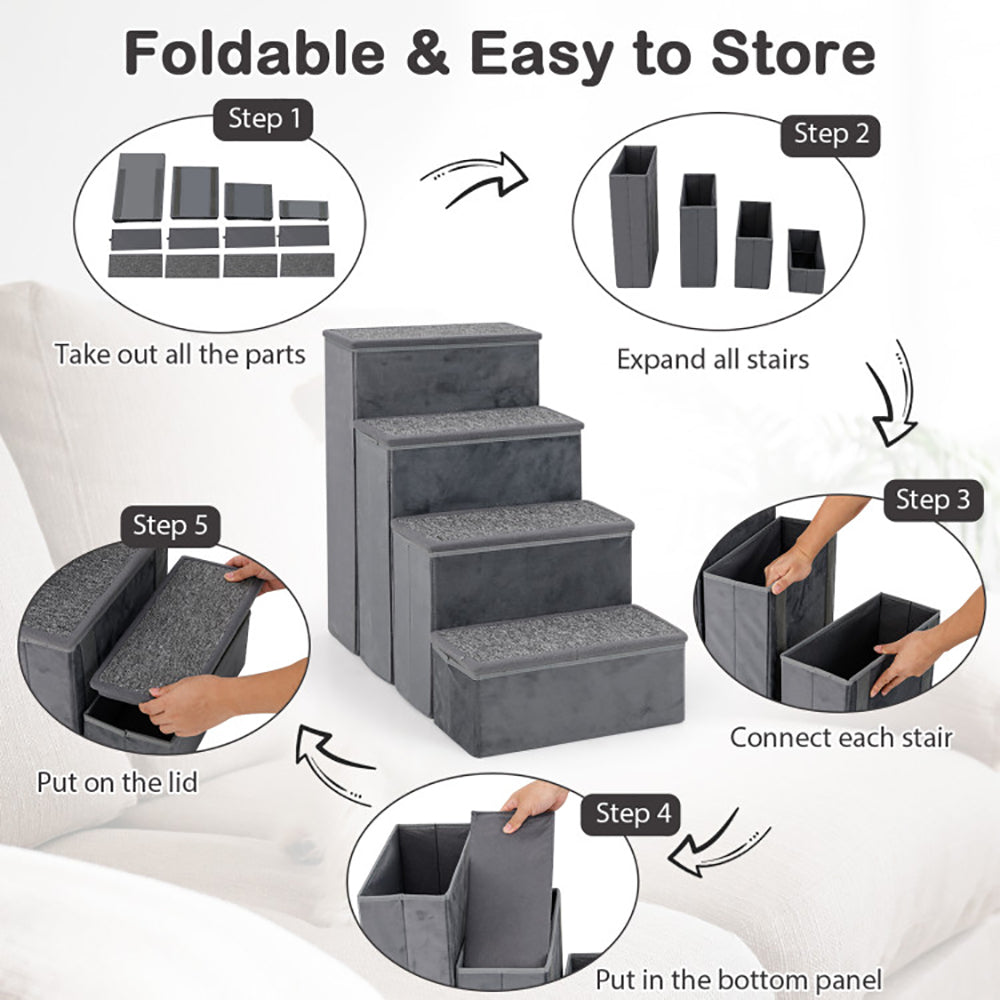 KFX-3095101 Foldable 4-Step Dog Stairs with Non-Slip Design and Adjustable Height for Easy Pet Access