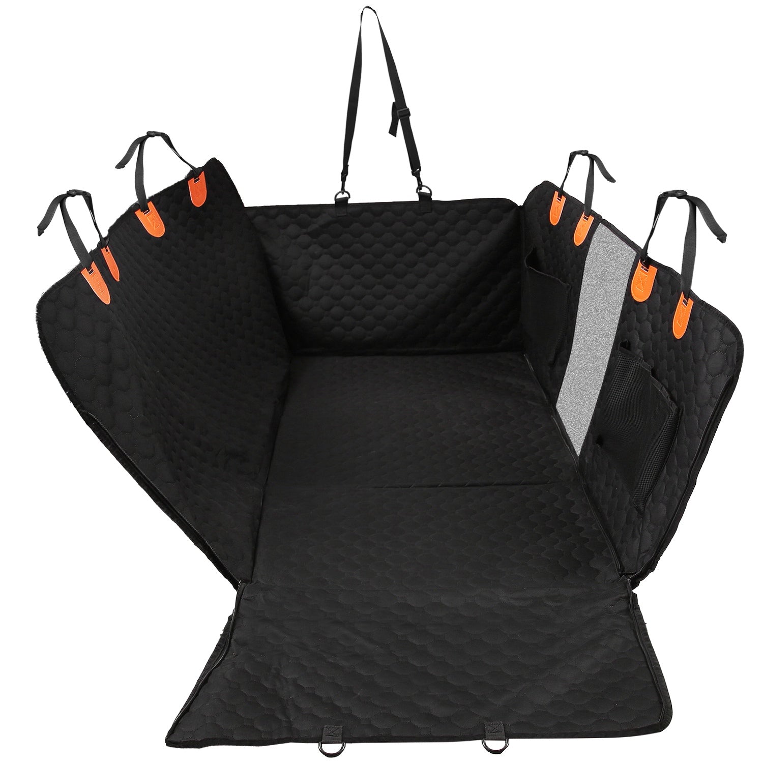 KFX-3101501 Dog Car Back Seat Cover with Zipper Mesh Window, Waterproof 600D Oxford Cloth, Anti-Slip Seat Protector with Storage Bags for Cars, SUVs, and Trucks