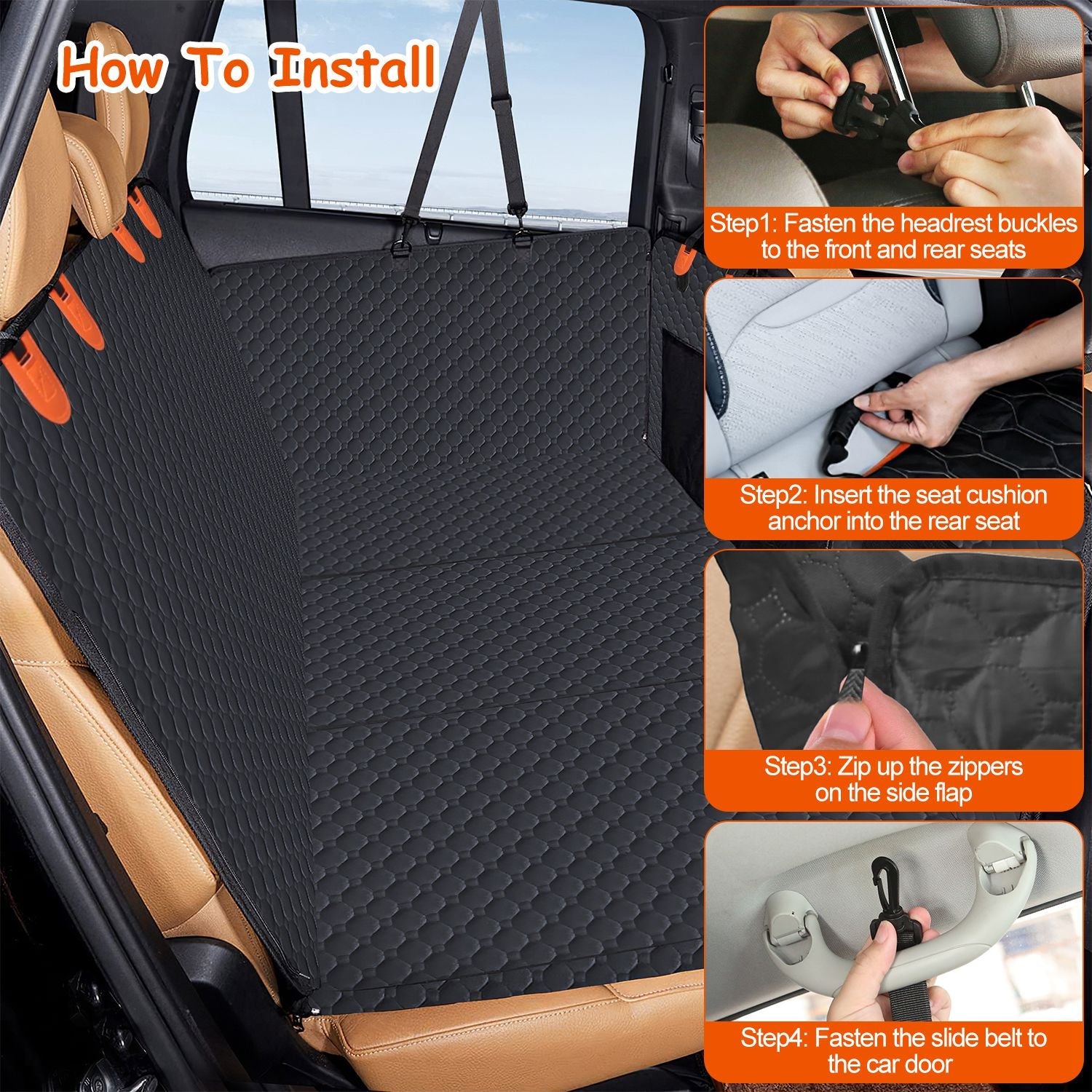 KFX-3101501 Dog Car Back Seat Cover with Zipper Mesh Window, Waterproof 600D Oxford Cloth, Anti-Slip Seat Protector with Storage Bags for Cars, SUVs, and Trucks
