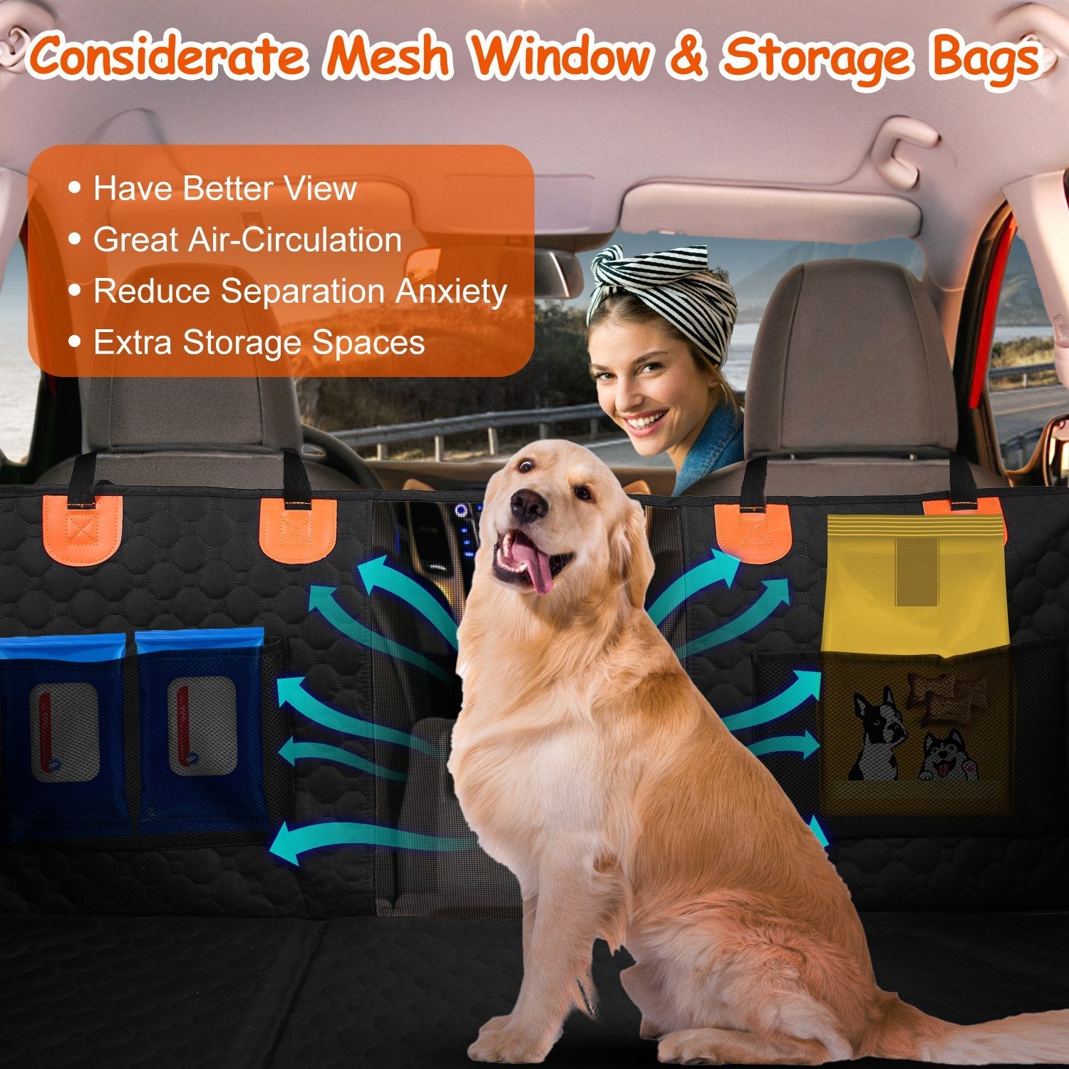 KFX-3101501 Dog Car Back Seat Cover with Zipper Mesh Window, Waterproof 600D Oxford Cloth, Anti-Slip Seat Protector with Storage Bags for Cars, SUVs, and Trucks