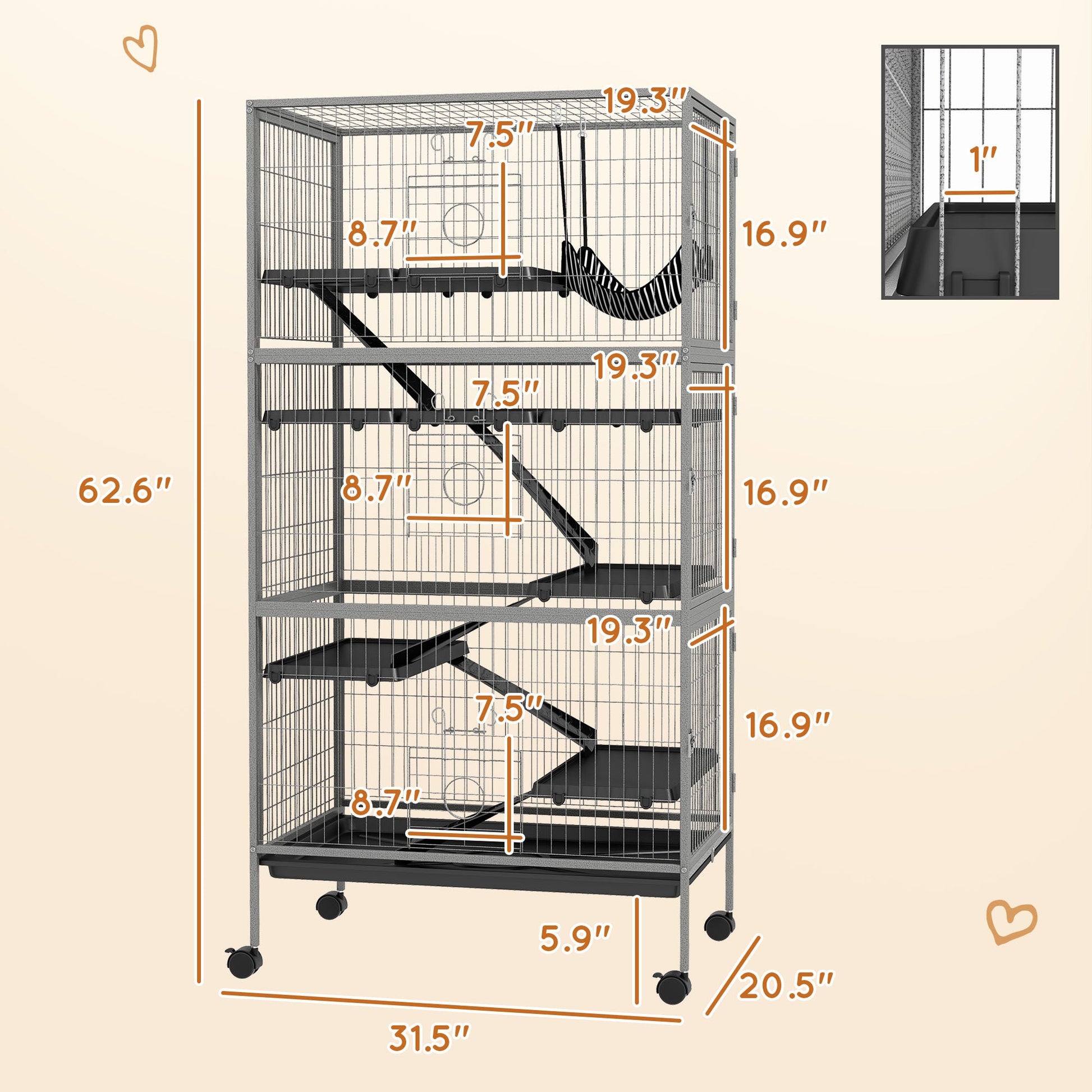 KFX-3106109 Rolling Small Animal Cage with 6 Doors, Hammock, Removable Tray for Ferrets, Chinchillas, and Other Pets