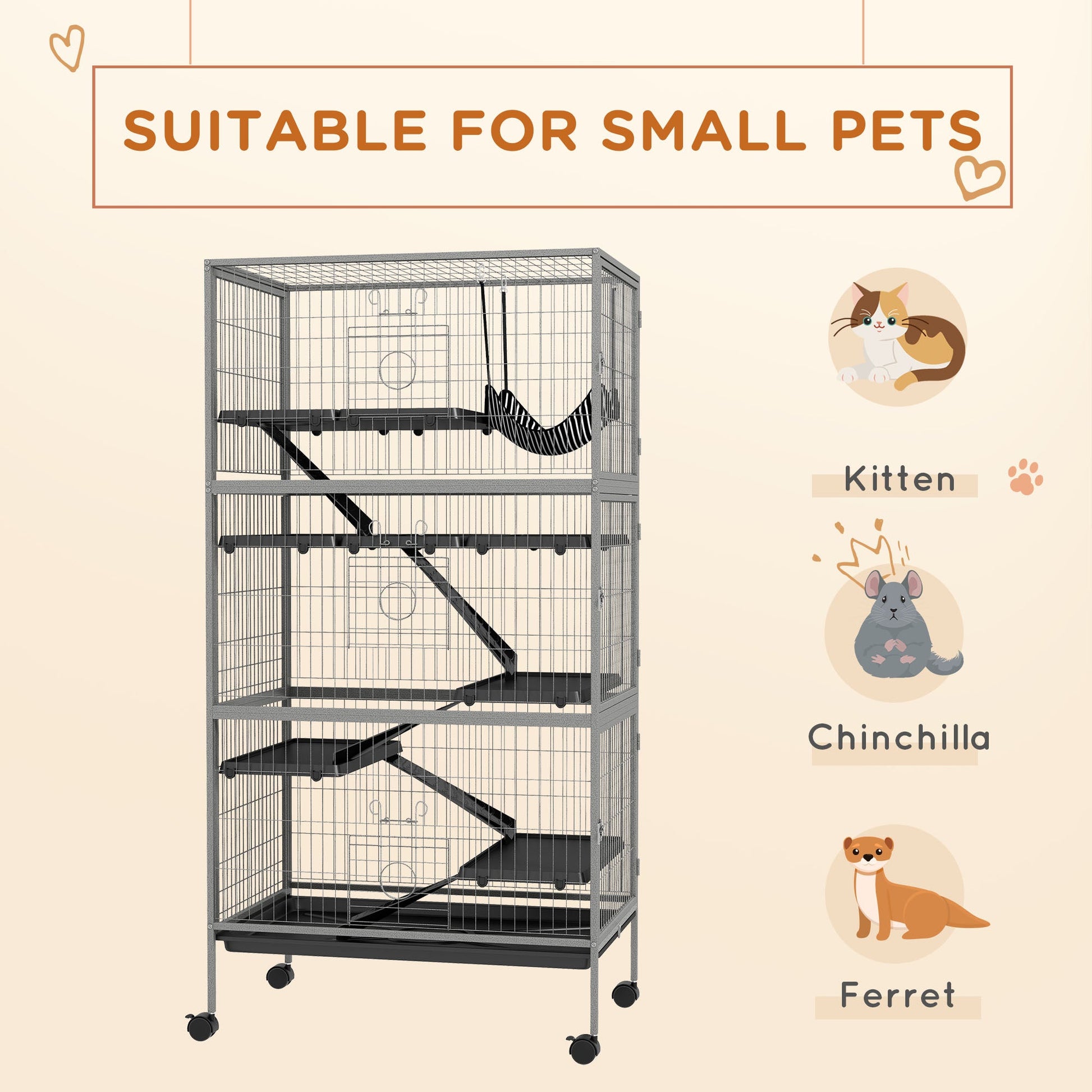 KFX-3106109 Rolling Small Animal Cage with 6 Doors, Hammock, Removable Tray for Ferrets, Chinchillas, and Other Pets