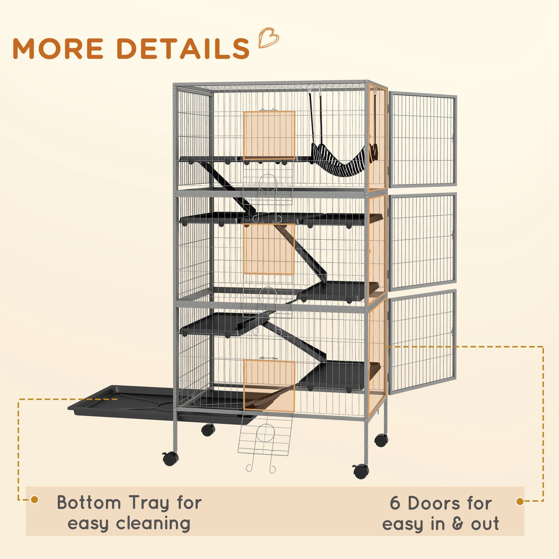 KFX-3106109 Rolling Small Animal Cage with 6 Doors, Hammock, Removable Tray for Ferrets, Chinchillas, and Other Pets