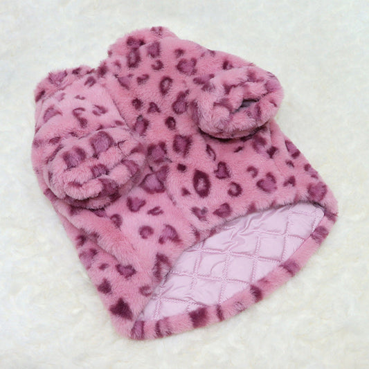 KFX-3108797 Cozy Pink Leopard Print Coat for Pets - Warm Polyester Fabric, Sizes M to XXL