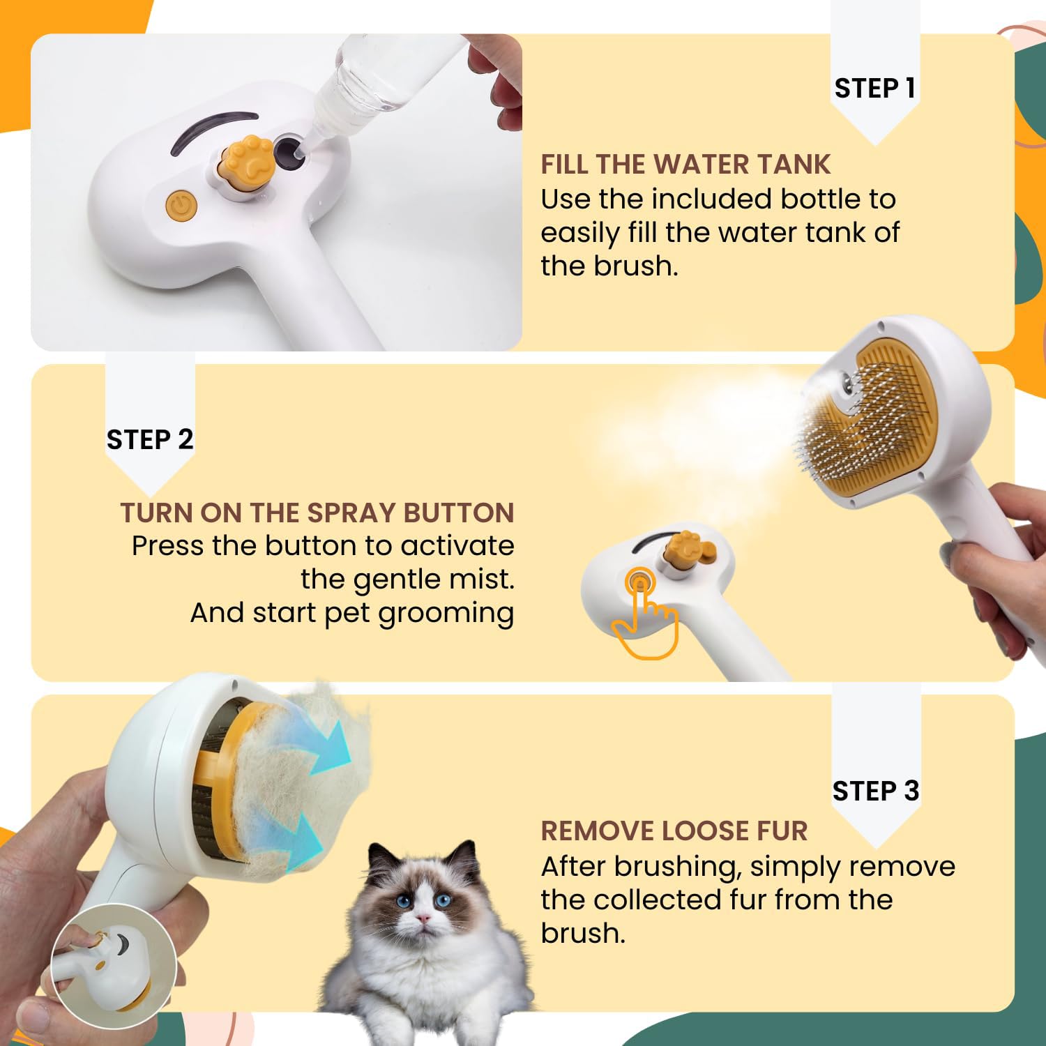 KFX-3109693 Water Brush for Dogs and Cats with Steam Massage and Self-Cleaning Slicker Brush for Shedding