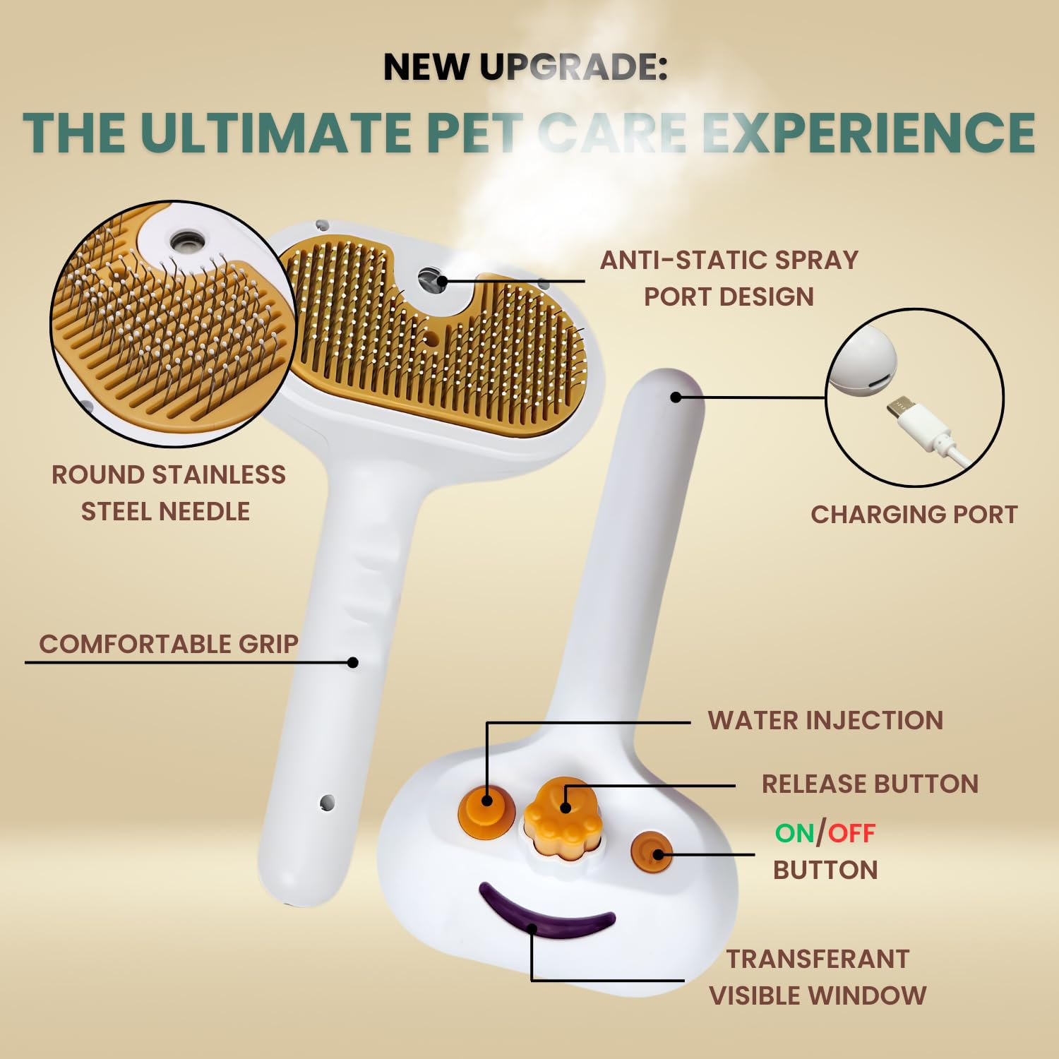 KFX-3109693 Water Brush for Dogs and Cats with Steam Massage and Self-Cleaning Slicker Brush for Shedding