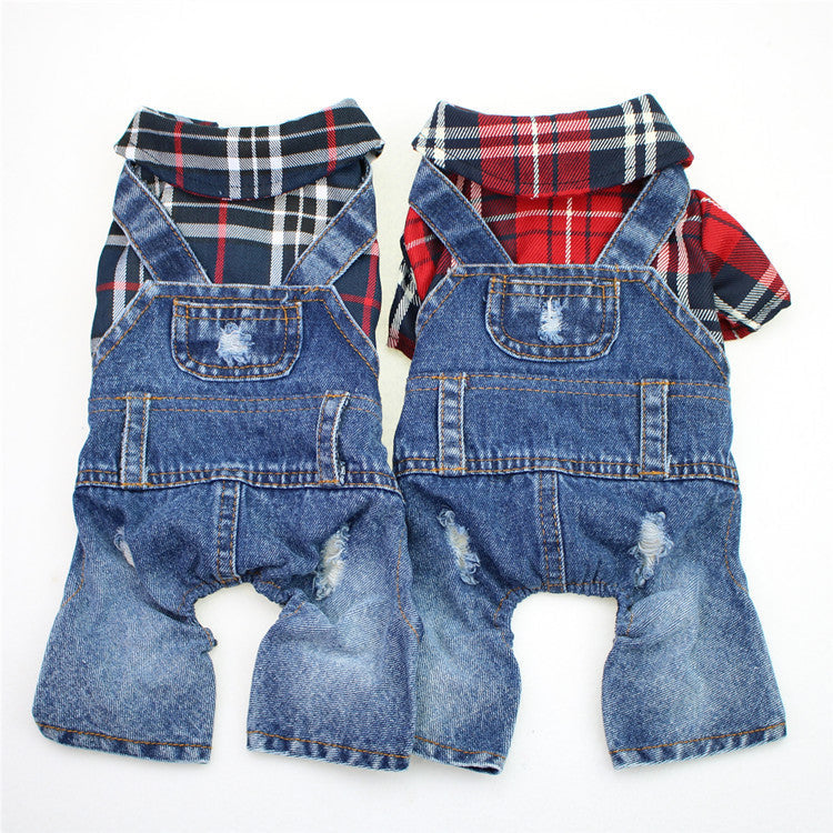 KFX-3114557 Large Plaid Denim Jumpsuit for Dogs - Four-Legged Casual Outfit in Red and Blue Grids