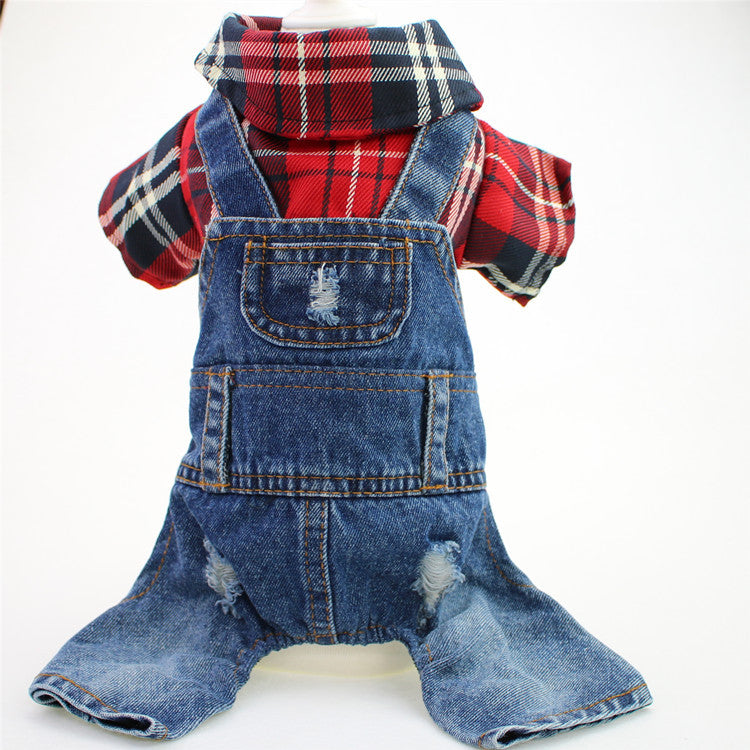 KFX-3114557 Large Plaid Denim Jumpsuit for Dogs - Four-Legged Casual Outfit in Red and Blue Grids