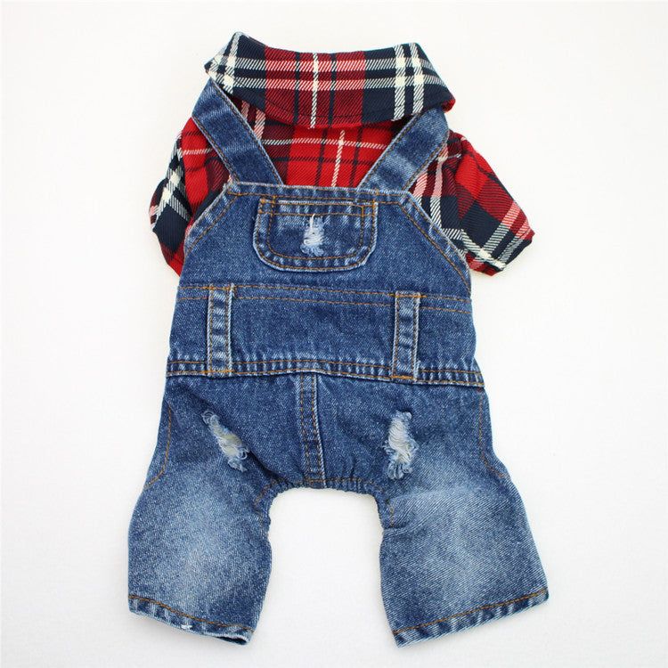 KFX-3114557 Large Plaid Denim Jumpsuit for Dogs - Four-Legged Casual Outfit in Red and Blue Grids