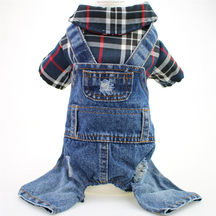 KFX-3114557 Large Plaid Denim Jumpsuit for Dogs - Four-Legged Casual Outfit in Red and Blue Grids