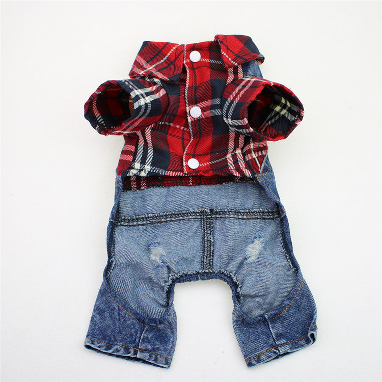 KFX-3114557 Large Plaid Denim Jumpsuit for Dogs - Four-Legged Casual Outfit in Red and Blue Grids