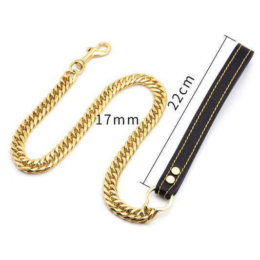 KFX-3117757 Stainless Steel Double-Six-Sided Dog Leash with Leather Handle - 17MM Wide, Available in Multiple Lengths