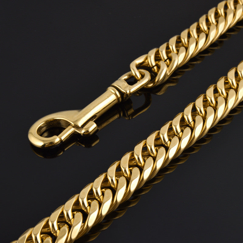 KFX-3117757 Stainless Steel Double-Six-Sided Dog Leash with Leather Handle - 17MM Wide, Available in Multiple Lengths