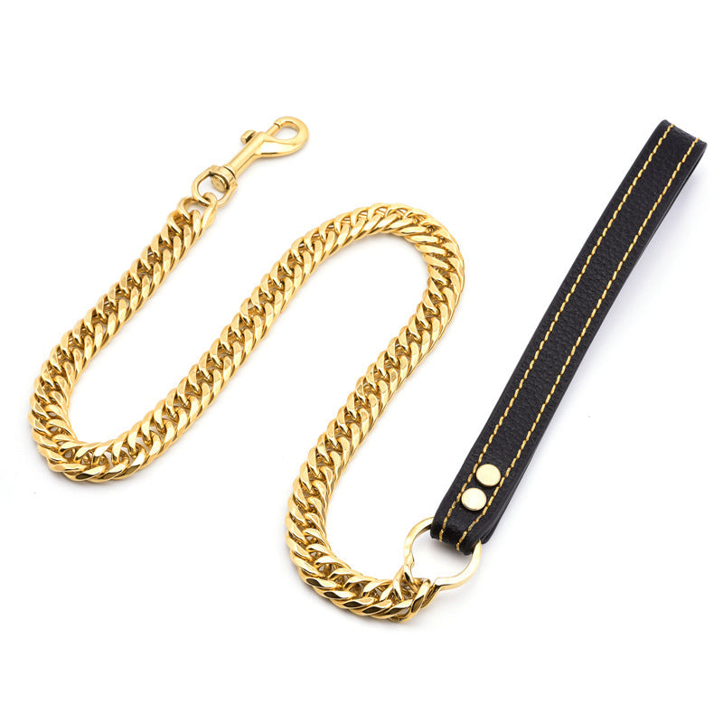 KFX-3117757 Stainless Steel Double-Six-Sided Dog Leash with Leather Handle - 17MM Wide, Available in Multiple Lengths