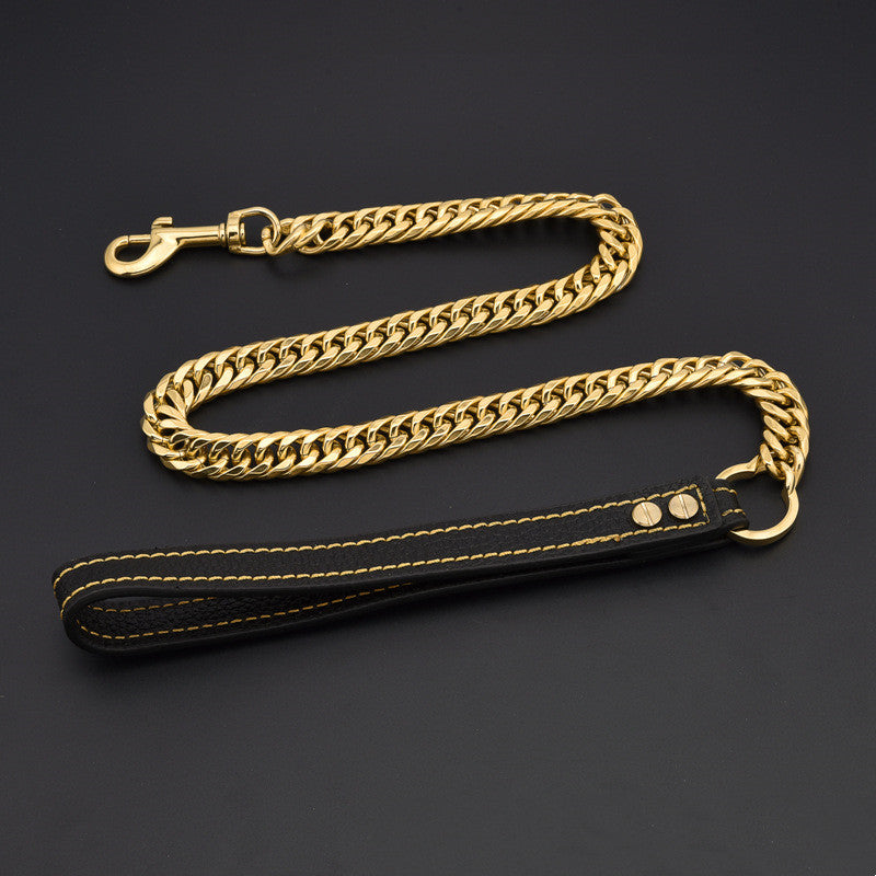 KFX-3117757 Stainless Steel Double-Six-Sided Dog Leash with Leather Handle - 17MM Wide, Available in Multiple Lengths