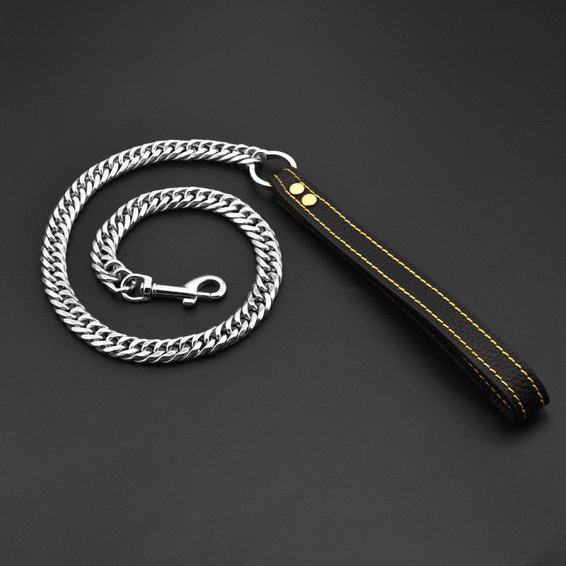 KFX-3117757 Stainless Steel Double-Six-Sided Dog Leash with Leather Handle - 17MM Wide, Available in Multiple Lengths